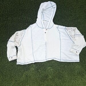 POL White Crochet Lace Trim Hoodie Top Size L Distressed Stitching
